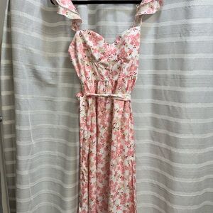Floral Pink Maxi Dress with Ruffle Straps